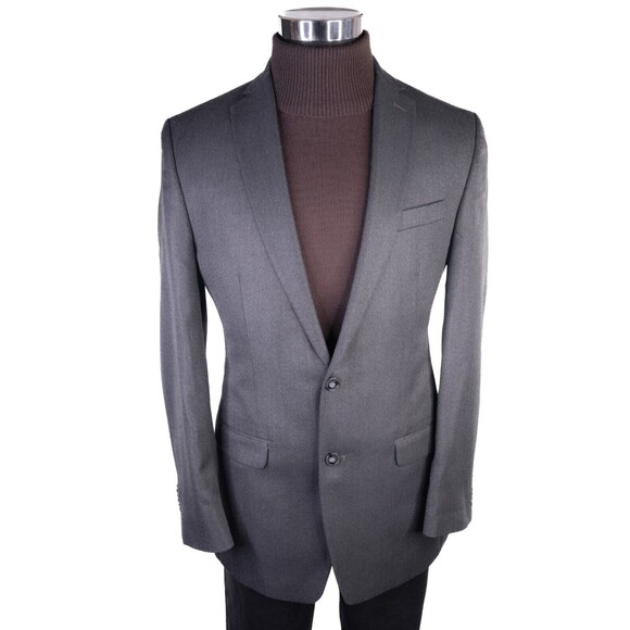 Calvin Klein Sport Coat Mens 40L Gray Herringbone Poly Blend 2 Button Dual-Vent - Picture 2 of 13